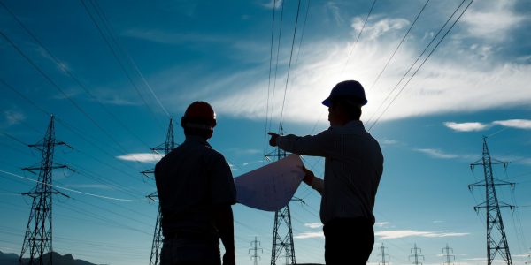 workers a electricity station silhouette of two engineers standing at electricity station, discussing plan